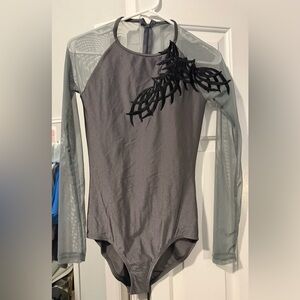 Gray Long Sleeve Leotard with Black Leaf Appliqué